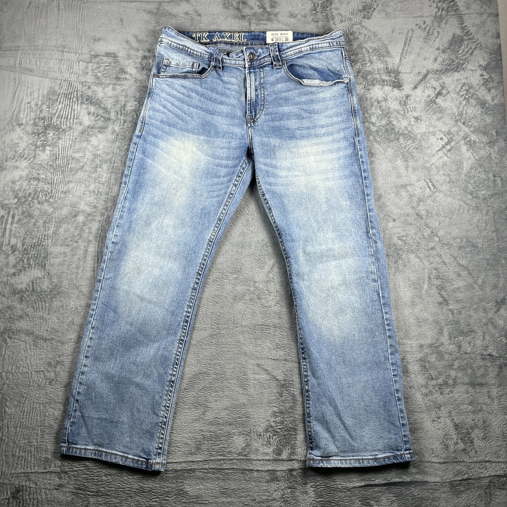 TK Axel Slim Bootcut Jeans Mens 34x30 Light Wash Blue Denim Americana Preppy